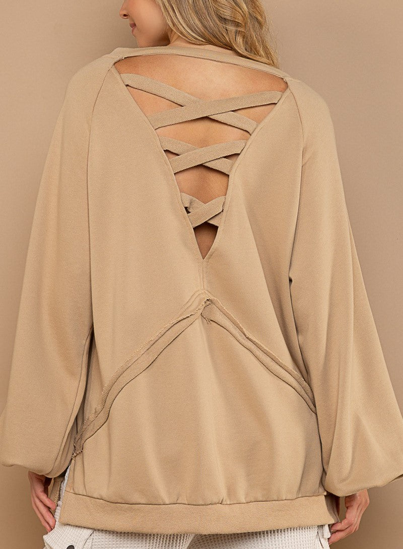 Mocha Vogue - Balloon Sleeve Cross Strap Sweatshirt